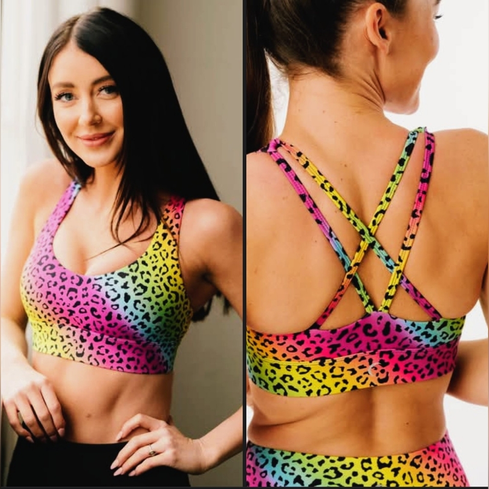 ZYIA Multicolor Rainbow Leopard Print Sports Bra Bralette Bikini Top Large EUC